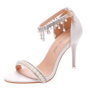 - - - - Crystal Queen shoes wedding beaded tassel ankle strap high heel sa…